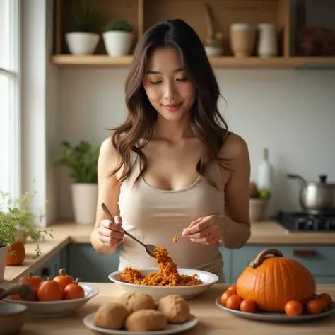 beautiful Korean girl wearing tank top, in the kitchen, thanksgiving meal