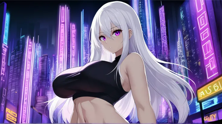 1girl, Long Hair, White Hair, Purple Eyes, Wearing Crop Top, Exposed Torso, Neon City Background, Big Breasts