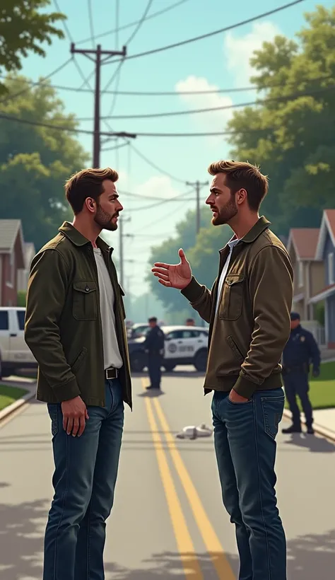  Create a scene on a simple neighborhood street , with two people talking.The man on the right wearing ordinary clothes and with a calm posture ,  the man on the left wearing clothes with mum with an expression of concern pointing to the bottom of a seine ...