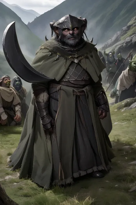 moria goblin, armored, in the mountains, like in lord of the rings, full body armor, weapons, moria like lord of the rings from peter jackson, dark black armor, big axe, looking ready to fight, skin i grey, eyes are yellow, helm