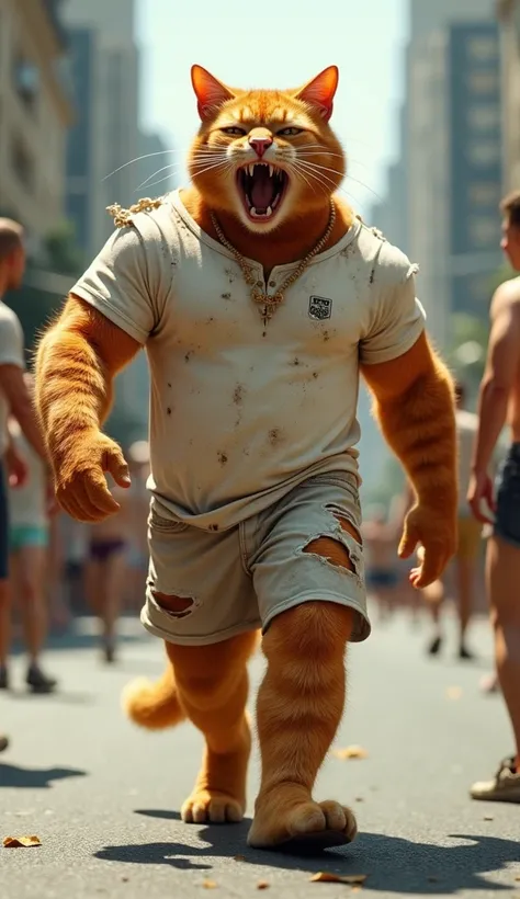 In cinematic 3D style, HD image, realistic image ,colourful image.
Character,A muscular Johnny big Orange cat wearing White T-shirt torn in several places and very dirty and white shorts torn in several places and very dirty 
Action,A muscular Johnny Orang...