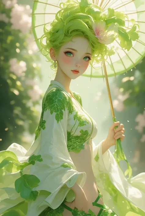 Imagine a virtual idol inspired by a daikon, captured in a harmonious blend of traditional Japanese aesthetics and modern idol culture. (Shes a youthful figure with vibrant, lime-green hair styled into elegant, cascading waves reminiscent of daikon leaves....