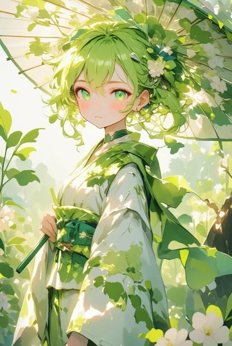 Imagine a virtual idol inspired by a daikon, captured in a harmonious blend of traditional Japanese aesthetics and modern idol culture. (Shes a youthful figure with vibrant, lime-green hair styled into elegant, cascading waves reminiscent of daikon leaves....