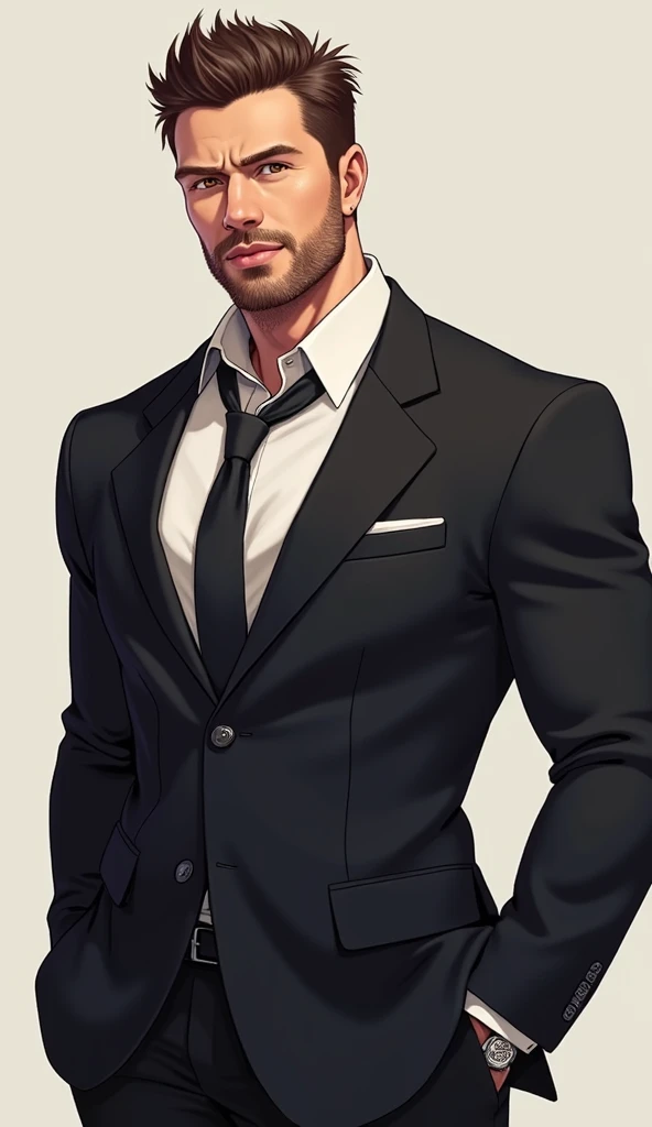 Character illustration based on Theo James ,  high resolution, Ultra HD,  short hair,  Brown Hair , man, with a well-groomed beard,  brown eyes , strong body, Muscles,  wearing a black suit with white shirt and tie