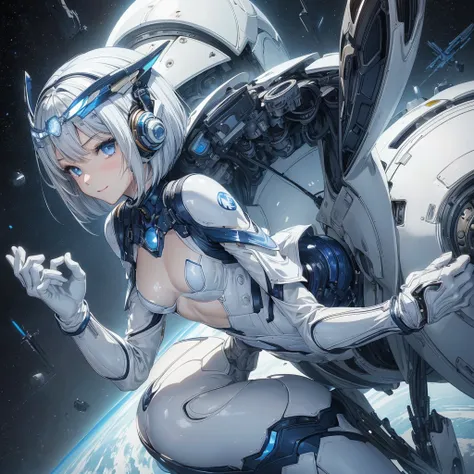 (masterpiece、 best quality、 highest resolution、Clear_image、Detailed details): (Whole body、A 20 year old girl、Japanese Faces、 small face、 slender、 dark blue super short bob cut hair、(Hidden small breasts:1.3)、 Sparkling Blue Eyes 、Shiny pilot suit in white,...