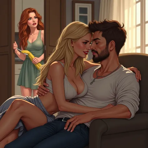  A pretty blond-haired woman ,  small tits , cream colored eyes, happy,  wears a skirt and blouse ,  is sitting on the knees of a man with a short beard and brown hair, dress, He touches her .  They are in an armchair in the living room of a modern house ....