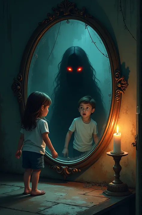 Make a thumbnail on the horror story of girl and boy who are in the horror house and see the mirror which story title is "The Whispering Shadow" for youtube channel (frame size 16:9 in rectangle) 