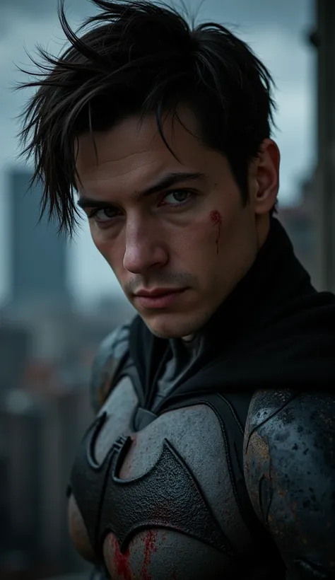 Bruce Wayne 
28 years 
Batman 
Black hair 
Wearing scary Batman clothes with a lot of blood 
