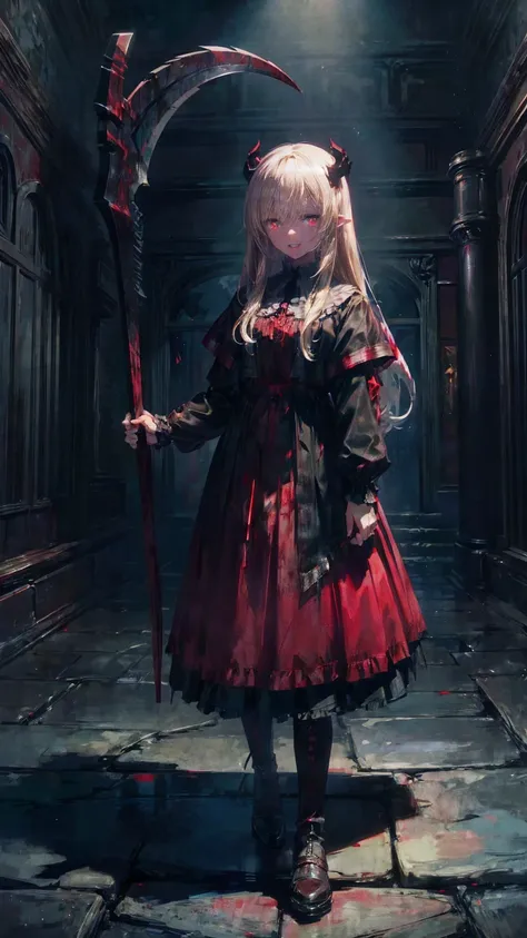 Shaded face　、beautiful girl、とてもcute天使、Pink T-Shirt、cute、baby face、Smile、Long Skirt、Black long bootS、.(HigheSt quality,4K,High reSolution,maSterpiece:1.2), very detailed,RealiStic:1.37, Spooky altar background ,Dark fantaSy,Red color Scheme,OminouS atmoSphe...