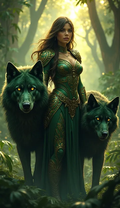 A fierce female warrior in deep emerald-green and bronze armor covered in leaf and vine designs. She is surrounded by two gigantic wolves, their fur dark green with shimmering gold streaks, resembling the thick undergrowth of a jungle. Their glowing yellow...