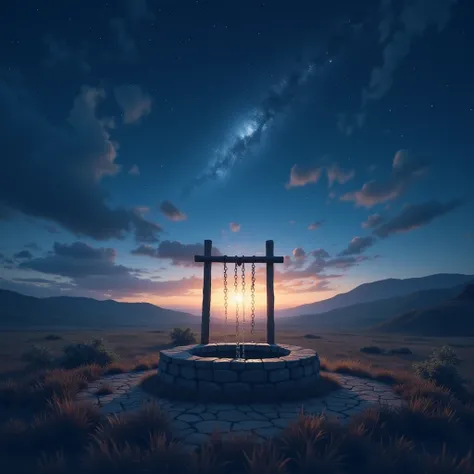 A serene depiction of the well under a starry night sky, symbolizing hope and redemption. A faint, divine light surrounds the well, and in the background, the glow of dawn begins to break, suggesting a new beginning. The image should radiate peace, grace, ...