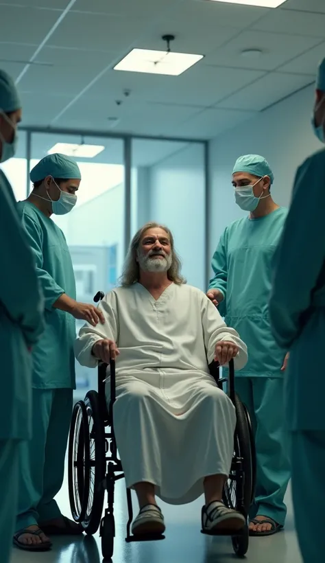  Create a hyper-realistic scene of Jesus in a hospital environment. The focus is on an elderly man  (CALVO)  sitting in a wheelchair , surrounded by doctors and surgeons ,  plus medical equipment in a hospital room 