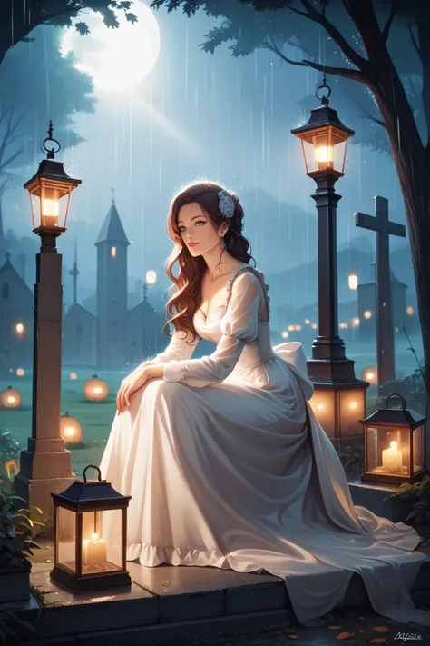 (extremely detailed CG unity 8k wallpaper), a beautiful young woman in the rain, dress, sitting, graveyard with lanterns, Style-Empire, (Style-Glass), (((surrealism))), full_body_shot, dramatic, backlit, light rays, volumetric lighting, detailed face, high...