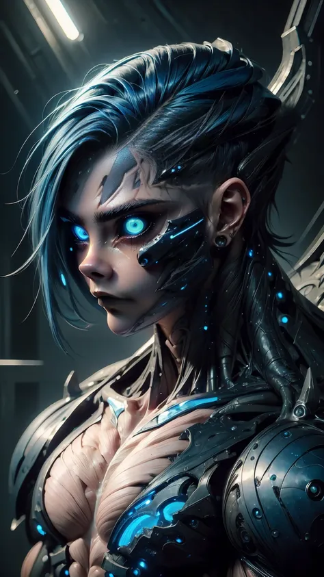 (1 girl), (Cara delevingne:1.25), beautiful teenage muscular goth cyborg girl, (black sclera:1.25), (blue glowing eyes:1.25), (blue glowing body veins:1.25),(((muscular bodybuilder physique:1.45))), ((((extreme muscular hypertrophy:1.25)))), (flat muscular...