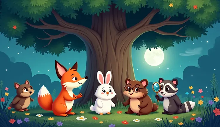 An illustration of the five friends : a clever fox with bright orange fur, a wise owl with large round glasses, a playful rabbit with fluffy white fur, a brave little bear with a gentle smile, and a curious raccoon with a striped tail they all sitting in a...