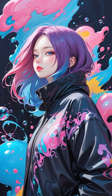 1girl, Alone, Chest, Viewer,  blue eyes,  Simple Background ,  black background , large breasts, Lazy, Half-closed eyes, Dye your hair, Bubbles,  functional style jacket,  upper body, Open clothes, abdomen, From the side, open jacket, Lips, oversized jacke...