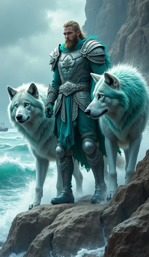 A resolute male warrior in aquamarine and silver armor with wave and shell designs. He is flanked by two gigantic wolves with fur that shimmers like ocean waves, blending hues of deep blue and seafoam green. Their glowing turquoise eyes mirror the depths o...