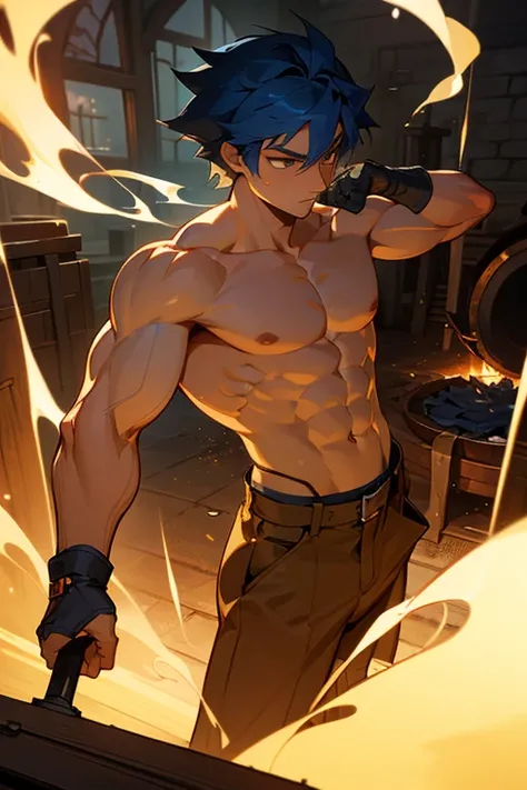 A muscular man with medium length, dark, blue hair stands in a forge, hard at work. He wears a no shirt and baggy brown pants. He is focused on creating items. He is in a fantasy setting.