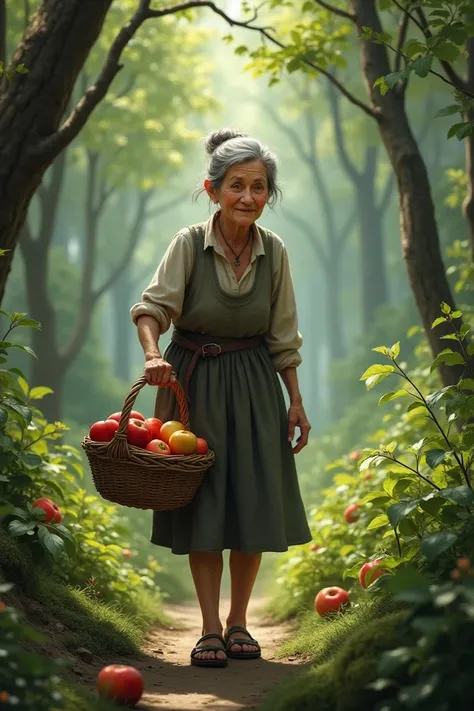  Give me the realistic image of an elderly woman with gray hair, walking through the forest with a basket full of apples 