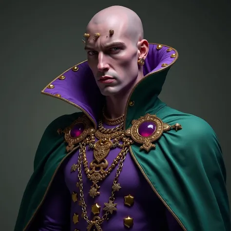 full height 7 ft man. Bald man dark mauve-purple skin and pine green cape with purple elements,  with gold piercings on face and head, pink eyes and gold earring, 
decorative clothing with gold chains and rings