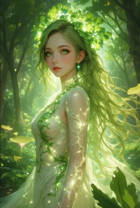 Imagine an enchanting and mystical virtual idol inspired by a daikon, situated within a magical woodland setting. (She embodies an ethereal presence with her long, flowing green hair, akin to cascading daikon leaves, shimmering under dappled sunlight. Her ...