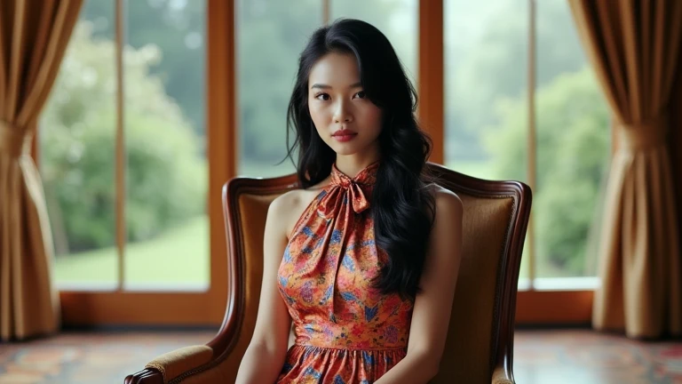 A young Thai woman, with heavy makeup, sits still and behaves politely on a luxurious chair in an extra-expansive well-decorated living room on the second floor of the neoclassical grand mansion, with huge exquisitely beautiful windows overlooking the gard...