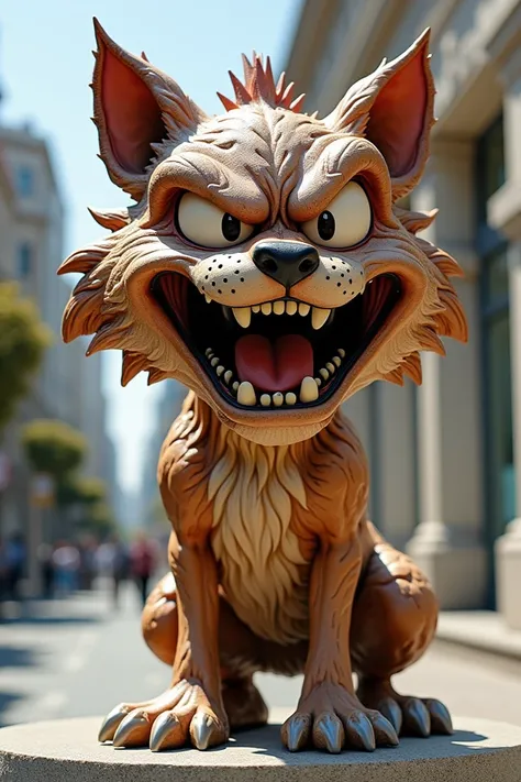 A cartoon statue shaped like an angry dog 