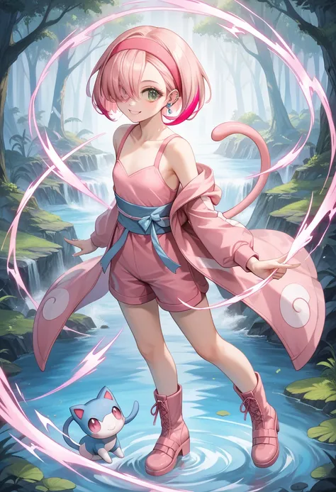 (masterpiece, best quality:1.2), (absurdres, highres, ultra-detailed), (perfect anatomy), 
1 Japanese (Pokémon Mew) woman,((Pokémon Mew)),
22yo,beautiful eyes00 , 
 ((multicolored hair , dark pink hair,  pink hair, light  pink hair))),
short hair, Masterpi...