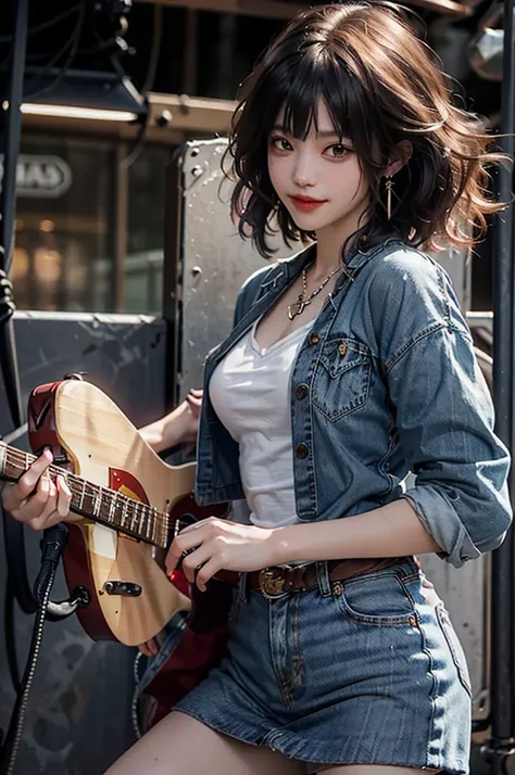  best quality,   Masterpiece , , (Realistic: 1.4), Original photo, Denim Shot,   Attractive Smiling Girl Playing Electric Guitar On Live Stage, (dynamic hole ),  long hair and big curly hair  ,  flowing hair ,  red gradient hair ,  asymmetrical bangs, Bobc...