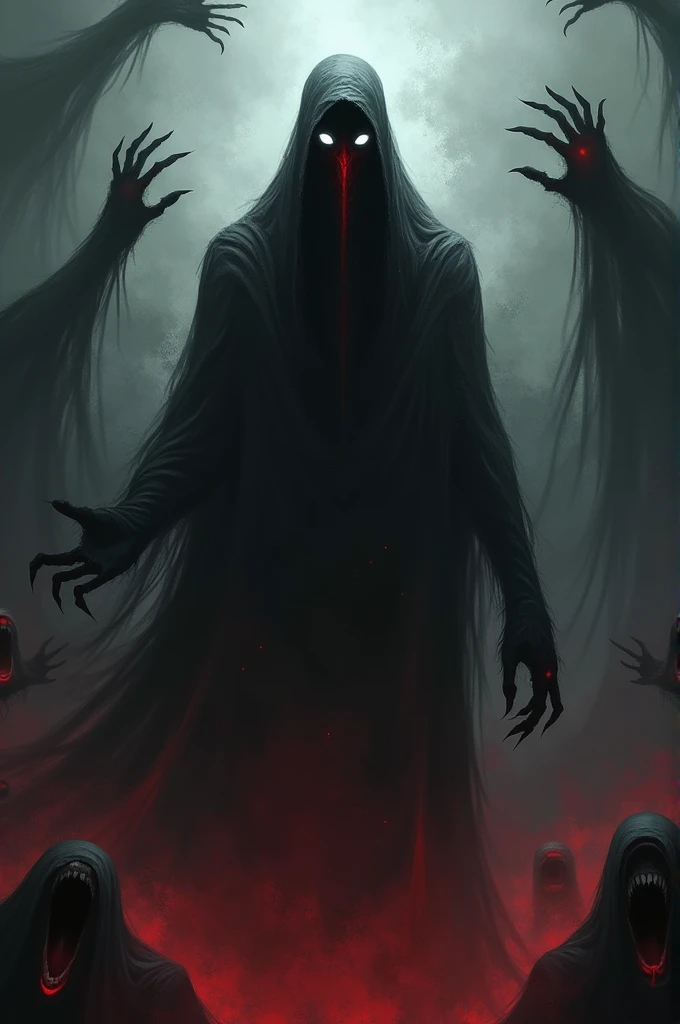 Create me a gloomy and scary spirit and this spirit will only have Black and Red colors and the eyes of this spirit will be white and when you look at this picture, it will fill you with gloom, and screaming spirits will come out from the edges of this spi...