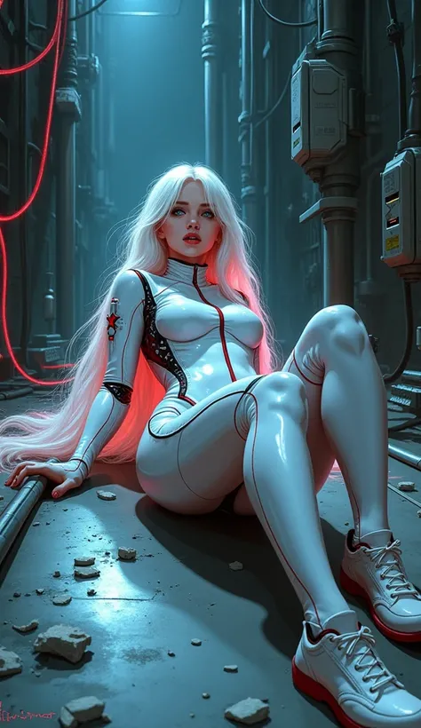 Digital illustration in Möbius style, featuring a pale-skinned young woman naked with long white hair, clad in a sleek, high-tech white suit with intricate red and black details, glowing lights, and visible circuitry. She lies on a metallic floor in a dark...