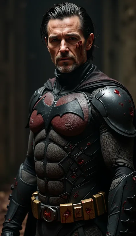 Bruce Wayne 
58 years old 
Batman 
Black hair 
Wearing scary Batman clothes with a lot of blood
