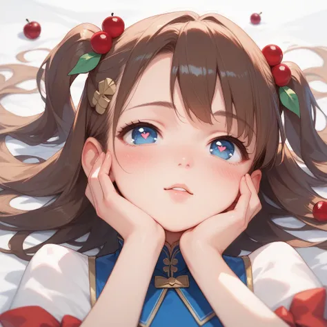 (masterpiece,anime:1.5)portrait, looking up,hands on own cheek,  leaning back, 1girl, brown hair, two side up, blue eyes, cherry-shaped hair accessory, shaped pupils,blush, 