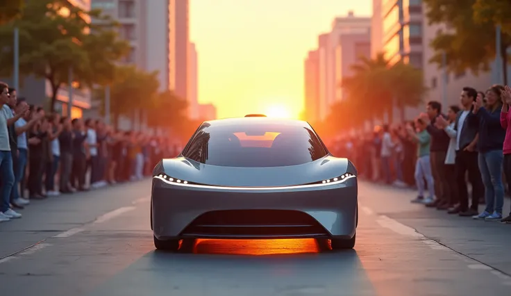 A triumphant scene featuring a sleek autonomous vehicle crossing the finish line in a vibrant cityscape, with diverse people cheering in the background, symbolizing the successful integration of AI-powered transportation into everyday life, showcasing harm...