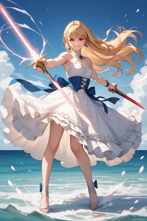 (masterpiece), ((highest quality)), (super detailed), ((very delicate and beautiful)), (incredibly absurd))), (perfect body))), 1 girl, glowing white particles, fighting, holding_sword, blonde bob, red eyes, seventeen years old, outdoor, sky, aura full bod...