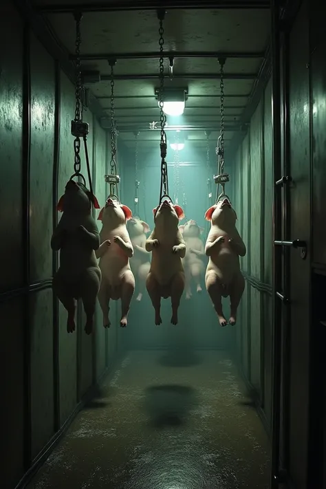 The interior of a pig transporting truck where the pig is suspended in the air subject to a harness is also an automatic feeding system