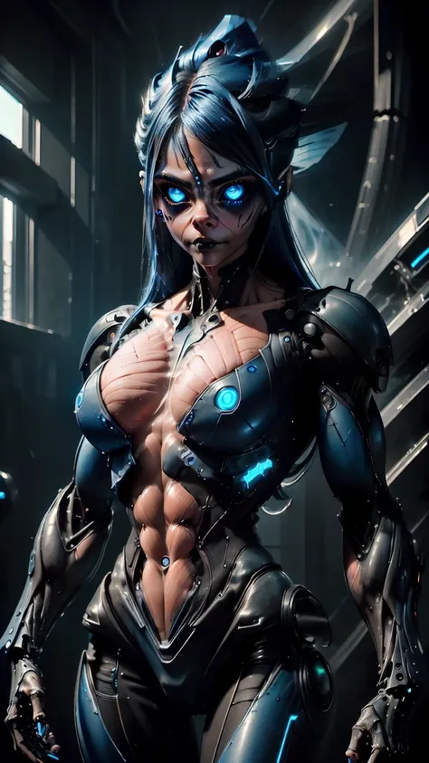 (1 girl), (Cara delevingne:1.25), beautiful teenage muscular goth cyborg girl, (black sclera:1.25), (blue glowing eyes:1.25), (blue glowing body veins:1.25),(((muscular bodybuilder physique:1.45))), ((((extreme muscular hypertrophy:1.25)))), (flat muscular...