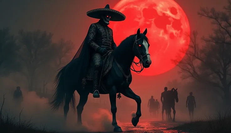  A terrifying representation of El Charro Negro ,  a ghostly figure from Mexican folklore .  He wears an elegant , } traditional charro costume embroidered with dark silver patterns ,  with a wide-brimmed black hat projecting shadows over his glowing ,  ma...