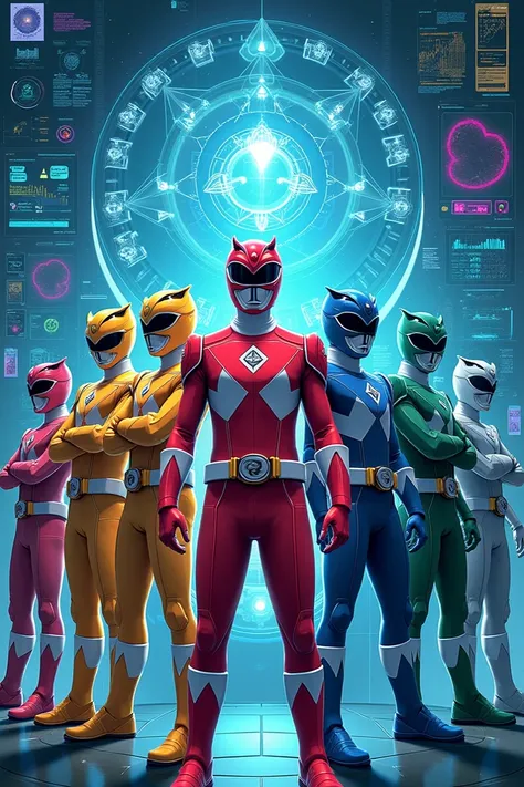 8 power rangers of different colors like : yellow , orange, therefore, blue, green, blue escuro, green escuro,rosa.  A cover style image of the power rangers working with data analysis