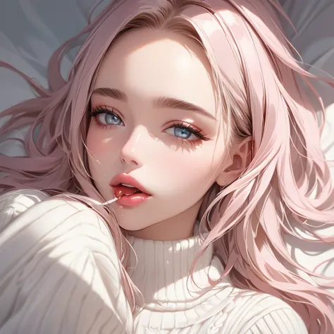 high quality, detailed,beautiful light white pink straight long hair, beautiful light eyes, beautiful LIps,simple background,piass,high definition ,from above, wearing white sweater,beautiful female,
up, gentle,divine,bangs,tangue out,saliva,sticking out l...