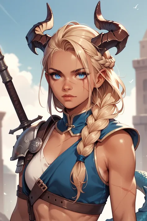 blue eyes, tan skin, female, small bust, dragon tail, blond hair, long braid, warrior, horns, missing right arm, scarred face