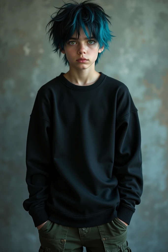 A teenage boy with black hair and blue tips with different colored eyes, in a black sweater and some military pants  
