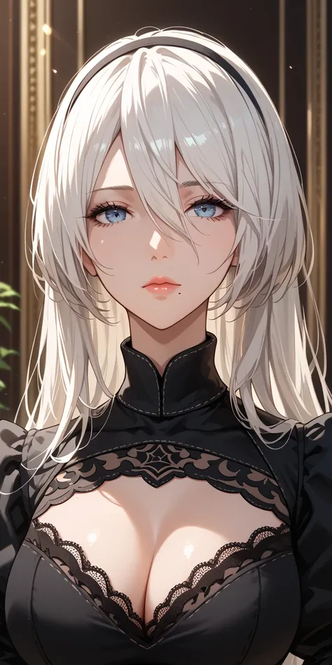 Score_9, Score_8_up, Score_7_up, Source_anime, anime art, anime style, very aesthetic, masterpiece, high quality, 1girl, cool mature woman, milf, curvaceous, mole under mouth, black lace dress, white hair, long hair, hair between eyes, expressionless, 2b, ...