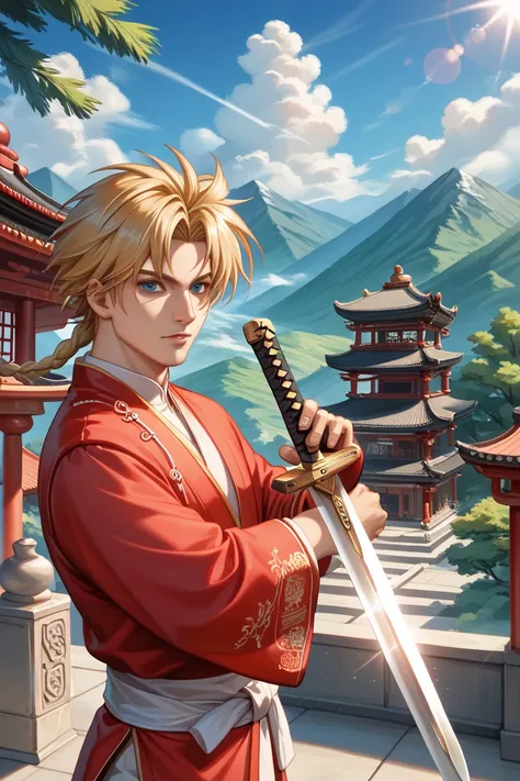 UHD,masterpiece,award winning,best quality,highres,8k,high details,(A man:1.6),Perfect face,long black hair,Chinese ancient hair accessories,blonde hair accessories,(Face the lens:1.4),(Handheld sword:1.5),Hand-held scabbard,ancient chinese robes,Martial a...