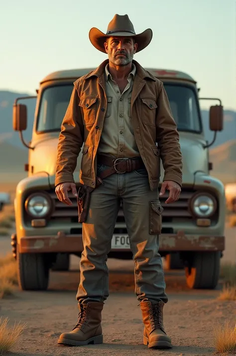 Tall tough cowboy standing in front of an F1000 van