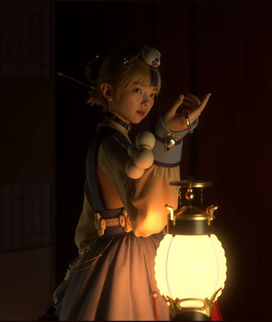 Subject: A young woman, dressed in a fantastical hanbok with intricate details, stands poised in a dimly lit, traditional room, holding a glowing lantern aloft. The scene should evoke a sense of mystery, delicate beauty, and a blend of traditional and fant...