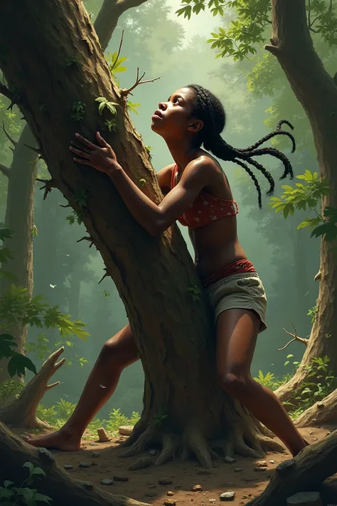 A dark-skinned girl breaks a tree