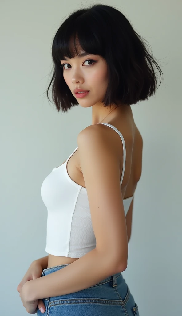 The following characteristics can be seen in this image

 Hairstyle: Short, dark hair, bangs over eyes
 Photography, Portrait, Hyperreal
 Pose:Standing back, sideways,
 Makeup: eye makeup applied to the eyes, gloss on the lips
 Clothing: White camisole top...