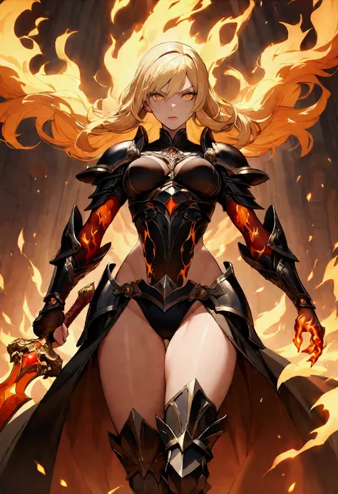 Create a blond haired woman ,  and a dark armor that covers her body ,  armor has orange details and is covered with flame , Just as her eyes emanate fire ,  she has a sword made of fire in her hands while an aura of fire covers her,  do it with an angry l...