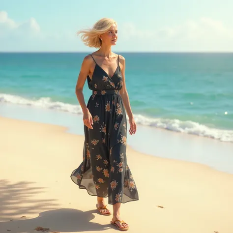 Blonde woman , 40 Years Old, french cut hairstyle, Go for a walk on the beach in a long dark summer dress with floral patterns and flip flops 